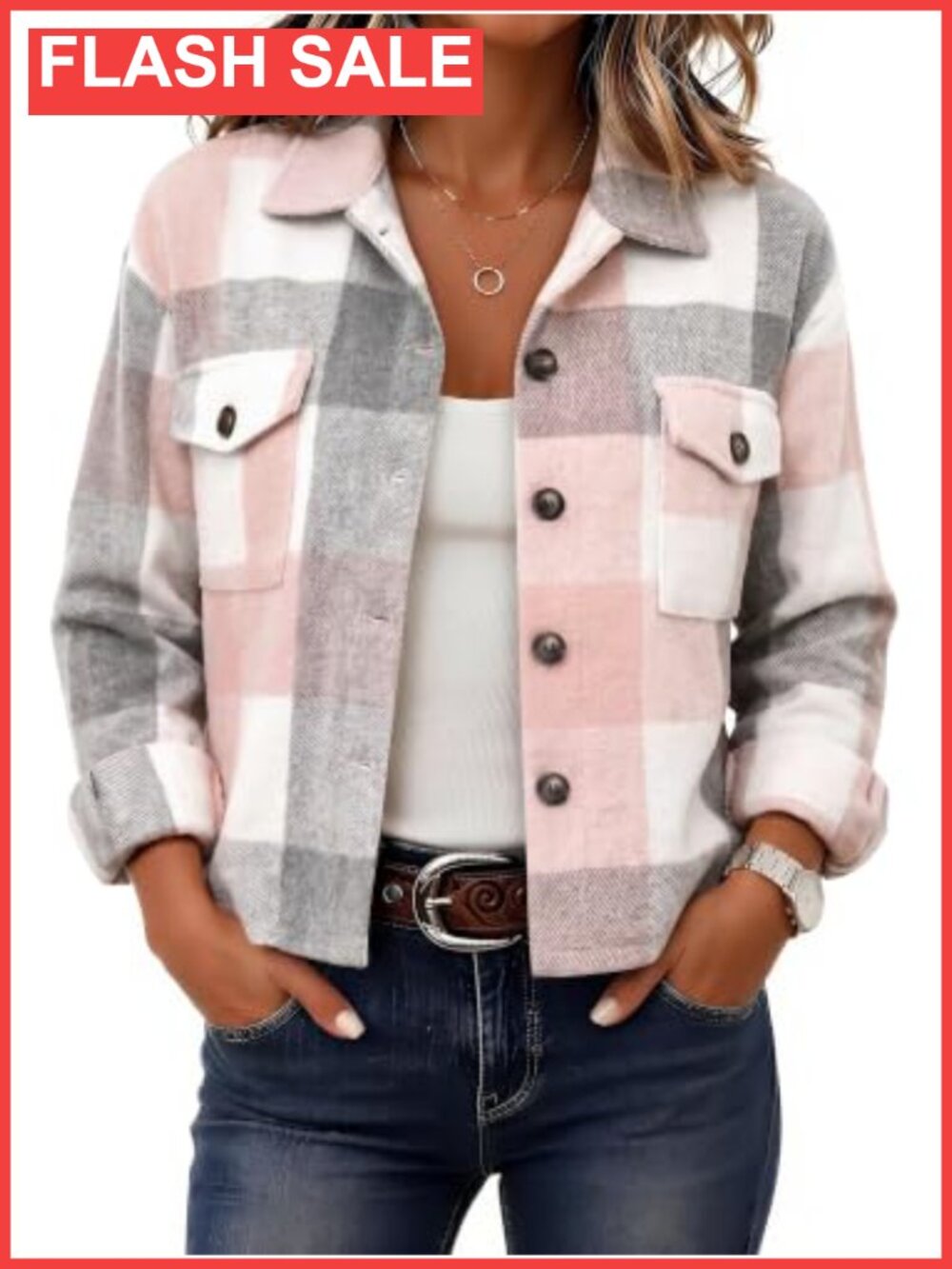Womens Cropped Shacket Button Down Plaid Jacket